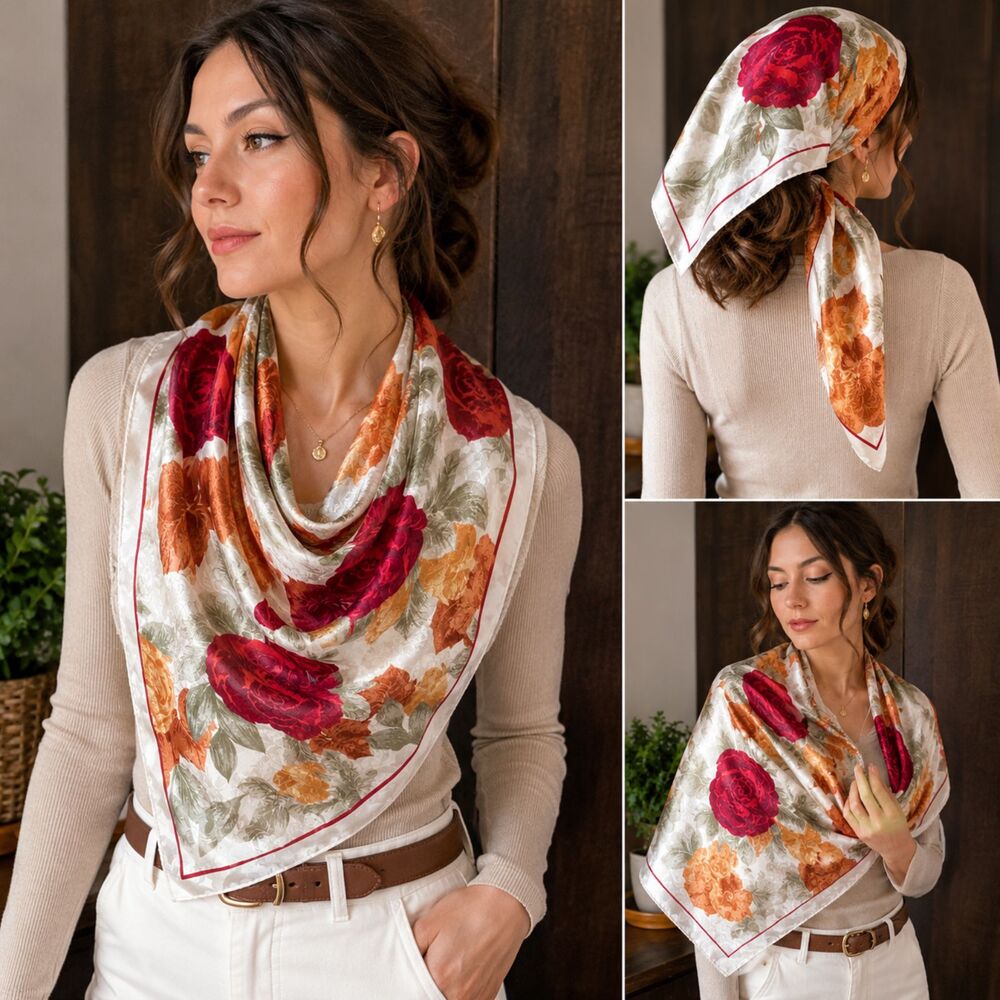Vintage Large Floral Satin Jacquard Scarf Shawl Wrap Red Roses 32x32 Square